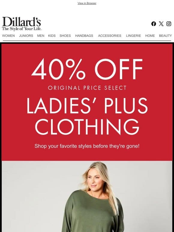 Save 40% on Select Ladies’ Plus Clothing