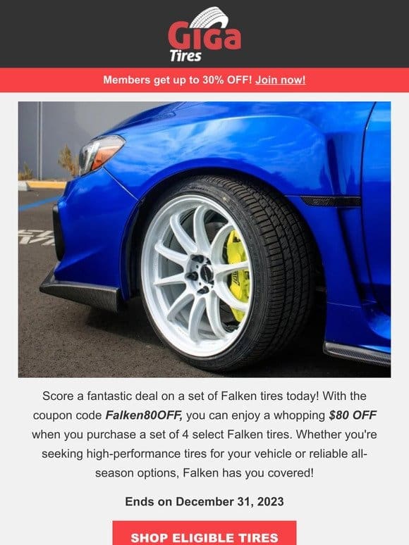 Save BIG: $80 Off on 4 Select Falken Tires with Code “Falken80OFF”