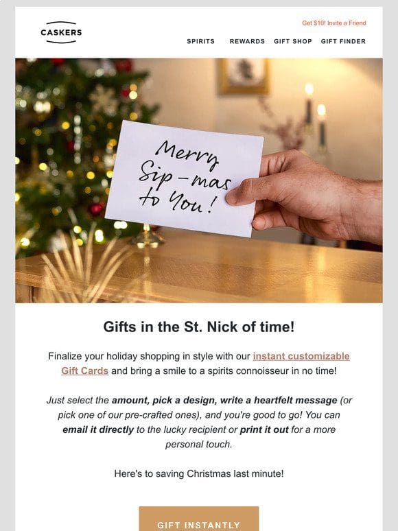 Save Christmas!   Instantly send a Caskers Gift Card