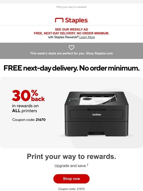 Save big! Get 30% back in rewards on ALL printers