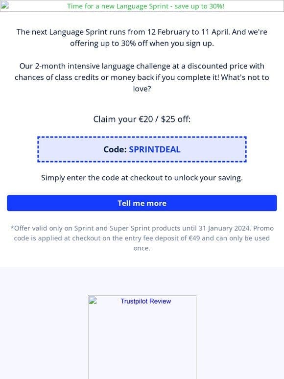 Save up to 30% on the next Language Sprint