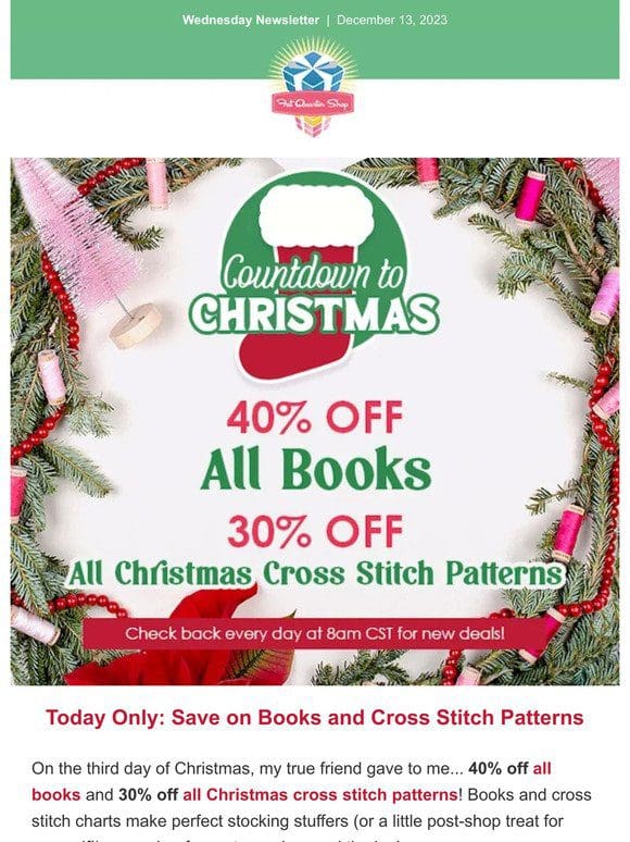 Save up to 40% off books and cross stitch with Countdown to Christmas!
