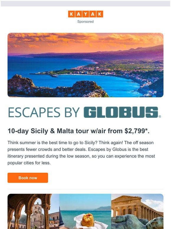 Sicily & Malta tour w/air from $2，799*.