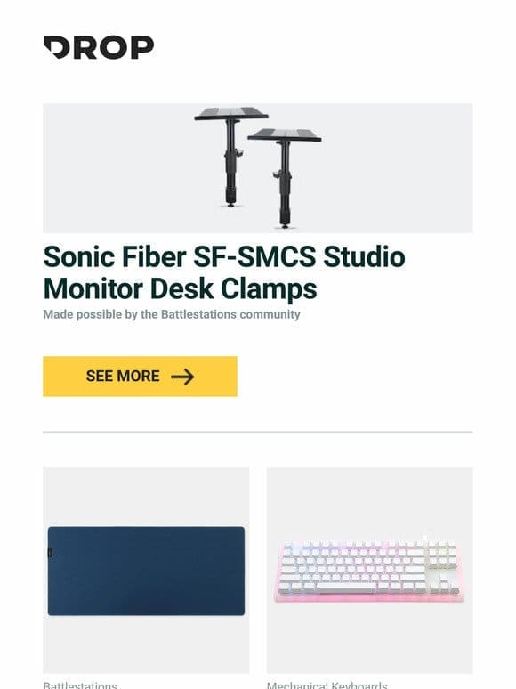 Sonic Fiber SF-SMCS Studio Monitor Desk Clamps， Drop + RedSuns Samurai Desk Mat， Womier TKL RGB Hot-Swappable Acrylic Mechanical Keyboard and more…