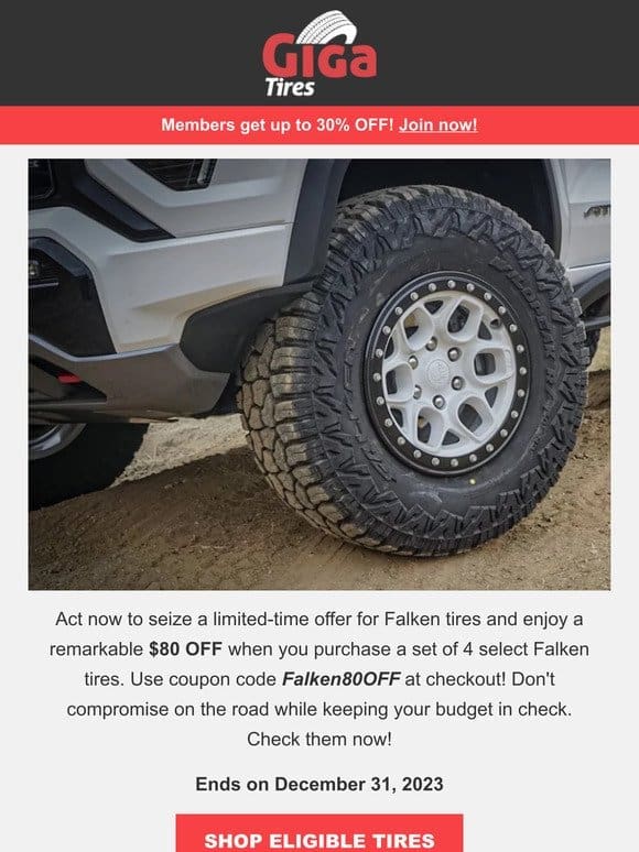 Special Offer: $80 OFF on 4 Select Falken Tires