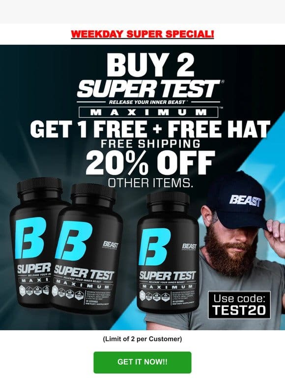 Super Test Max Buy 2 Get 1 FREE+ FREE HAT!