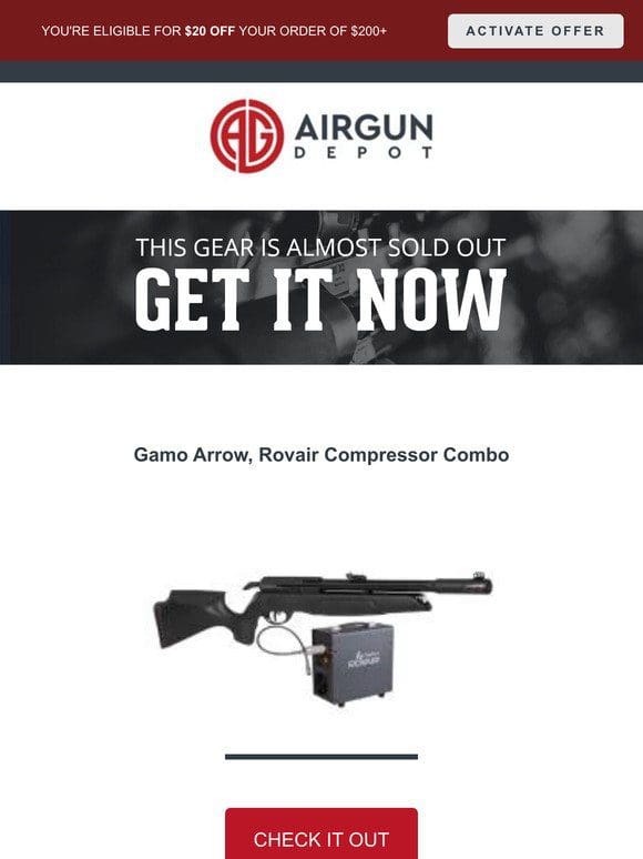 The Gamo Arrow， Rovair Compressor Combo is selling fast! Save $20 when you check out