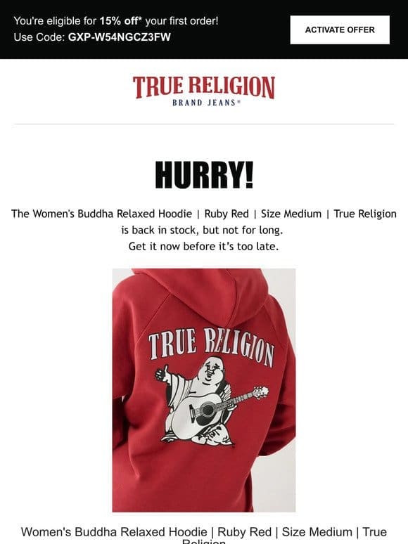The Women’s Buddha Relaxed Hoodie | Ruby Red | Size Medium | True Religion is back! Limited quantity!