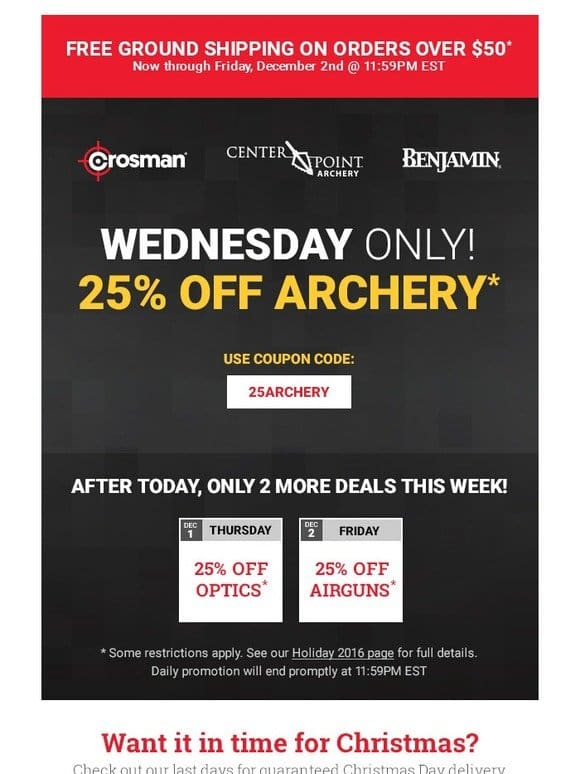 Today only – Up to 25% off the Airbow， Crossbows， and Youth Archery (+ FREE SHIPPING on all orders over $50)