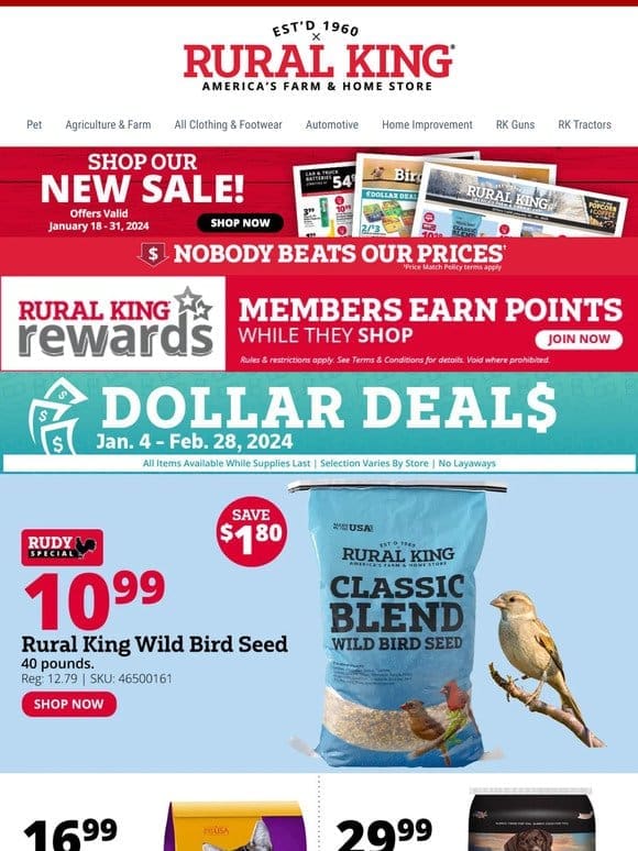 Unbeatable Savings Inside! Rudy’s Special Wild Bird Seed， Fleece at 40% Off & More!