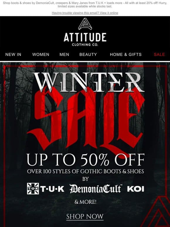 Up to 50% off gothic footwear styles