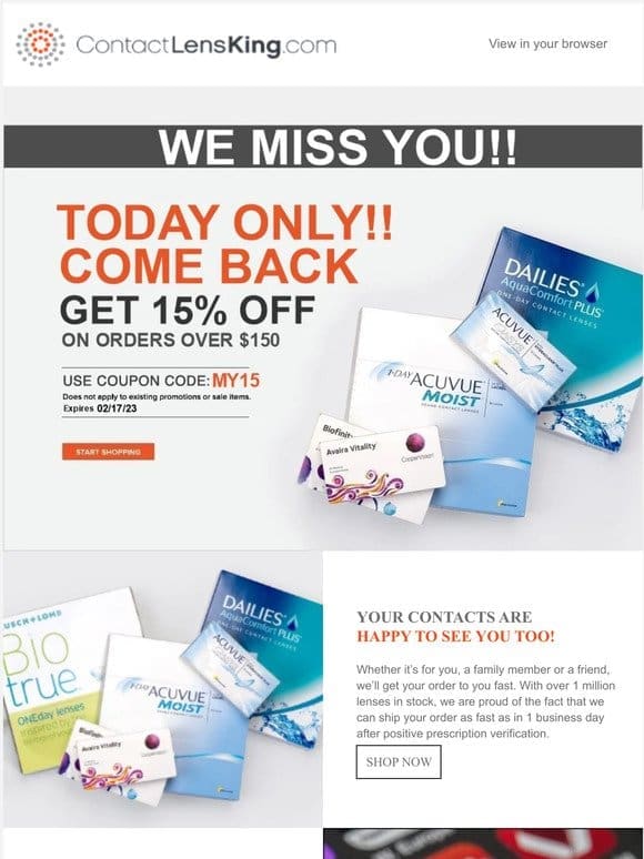 We Miss You! Get 15% OFF Today Only at Contact Lens King