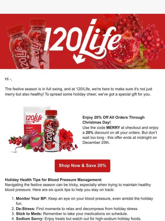 Your 20% Holiday Gift from 120/Life + Essential BP Tips!