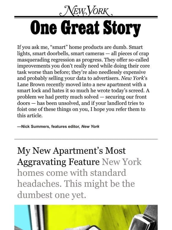 ‘My New Apartment’s Most Aggravating Feature，’ by Lane Brown