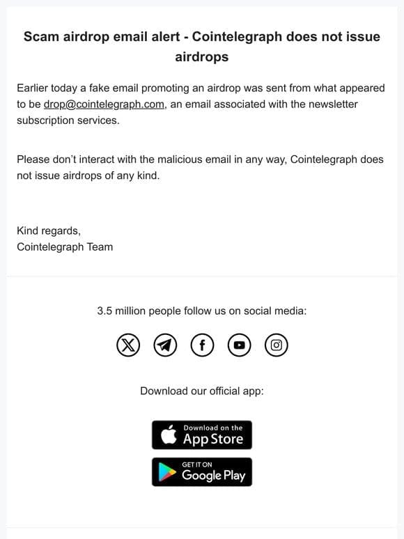 ‼️[IMPORTANT] Scam airdrop email alert – Cointelegraph does not issue airdrops