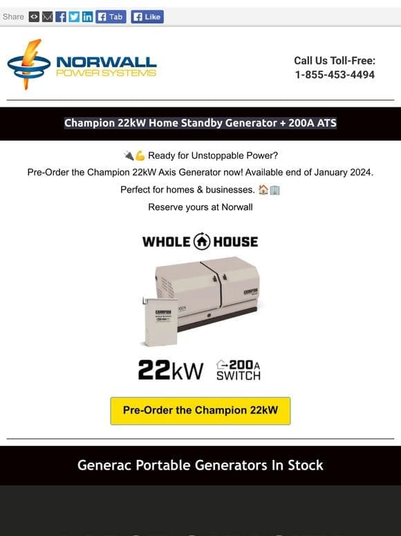 ⚡ Be First in Line: Pre-Order the Champion 22kW Generator Today!