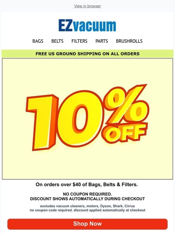 ️ Don’t Miss Out! 10% Off on Vacuum Cleaner Bags， Belts & Filters!