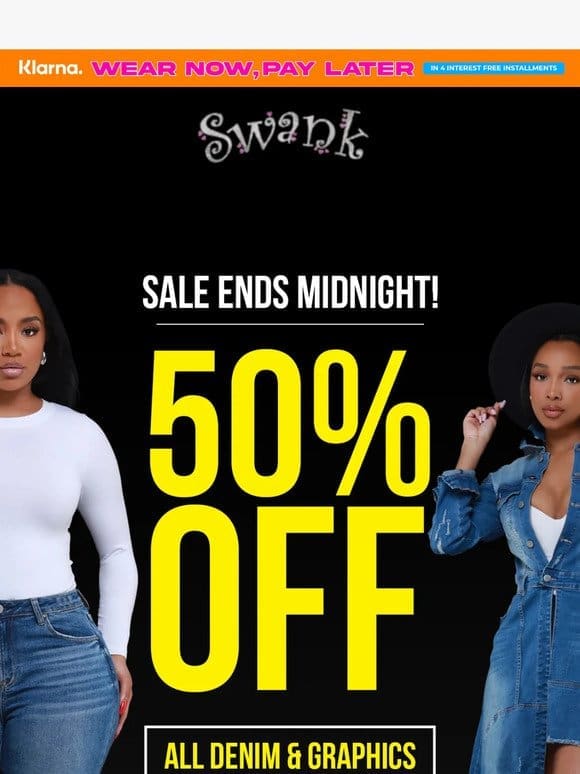 50% OFF Denim & Graphic Tops – Ends Midnight!