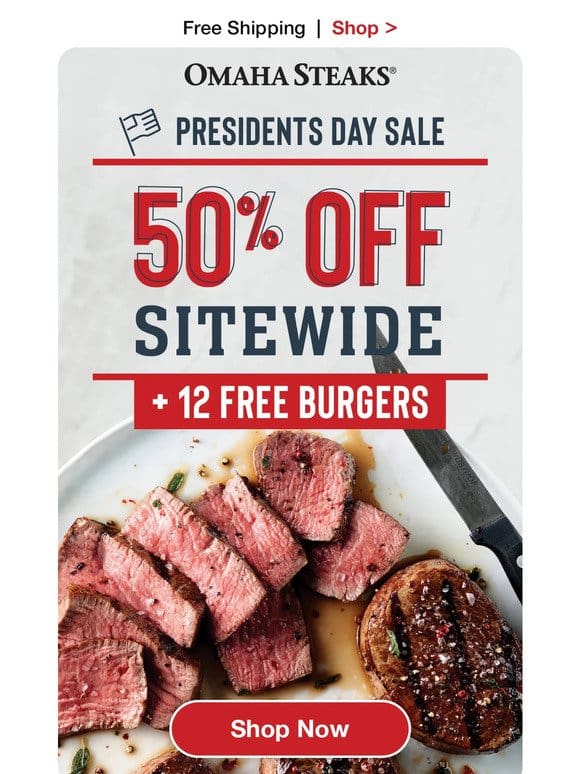 50% OFF sitewide + 12 FREE burgers & FREE shipping.