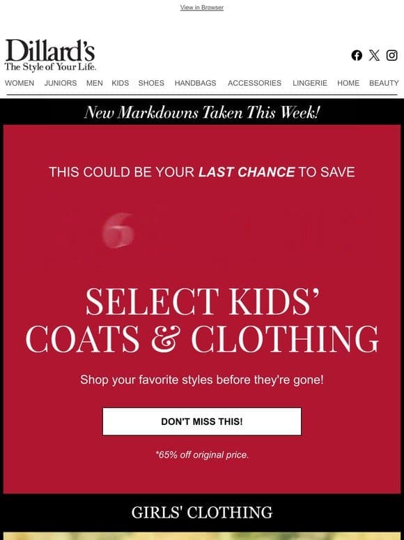 65% Off Select Kids’ Clothing