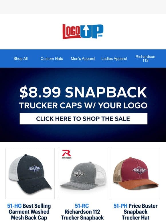 $8.99 Snapback Hats w/ your logo+Bonus