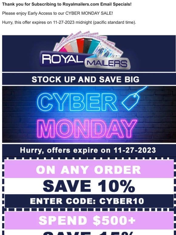 CYBER MONDAY sale is on Now at Royalmailers.com – Save up to 15%