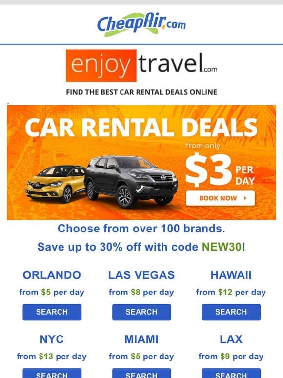 Car Rental Deals from $3/Day – Use Code NEW30 And Save Up To 30% Off