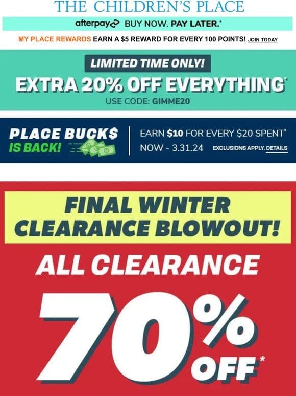 Clearance Blowout: EXTRA 20% OFF 70% OFF Clearance!