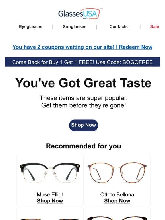Confirmed Glasses Sale: Buy 1 Get 1 FREE! Hurry Before They Run Out