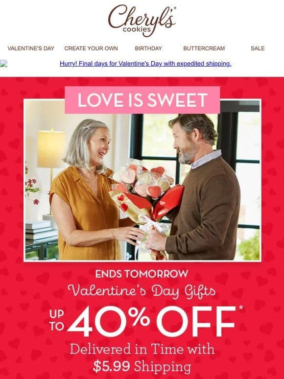 Ends tomorrow: up to 40% off valentines with $5.99 shipping.