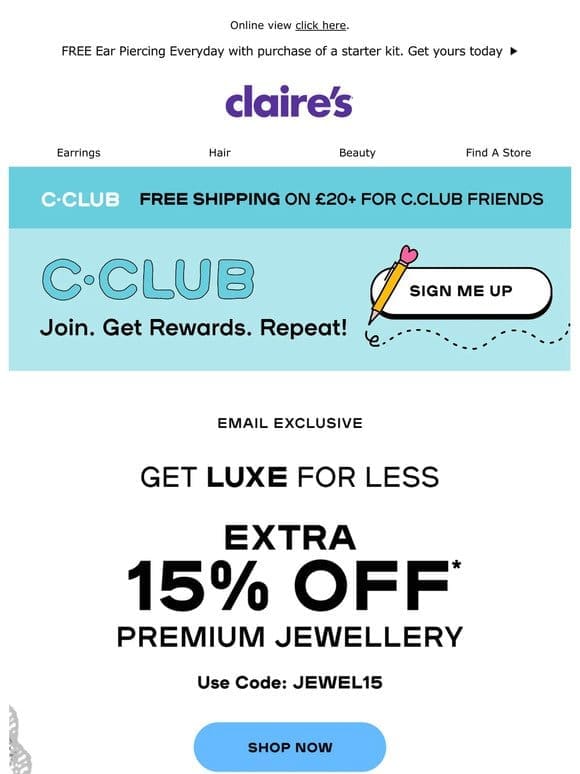 FLASH SALE! EXTRA 15% off premium jewellery