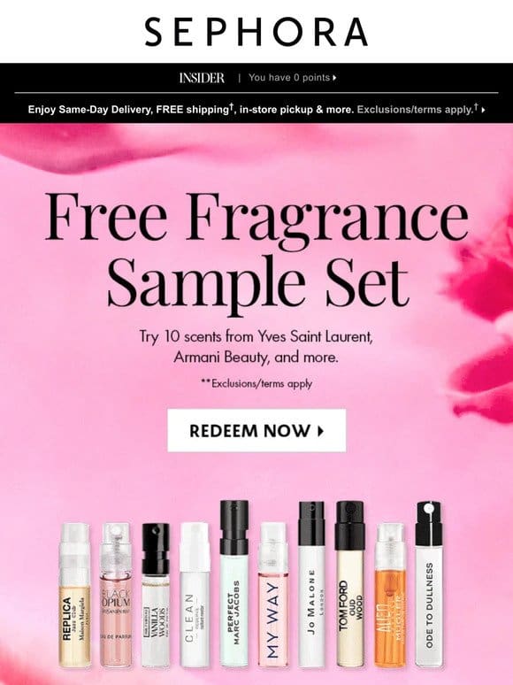 FREE fragrance samples!   With min. spend.