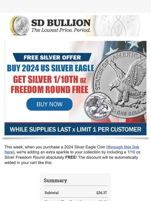 Free 1/10 oz Silver Freedom Round Offer