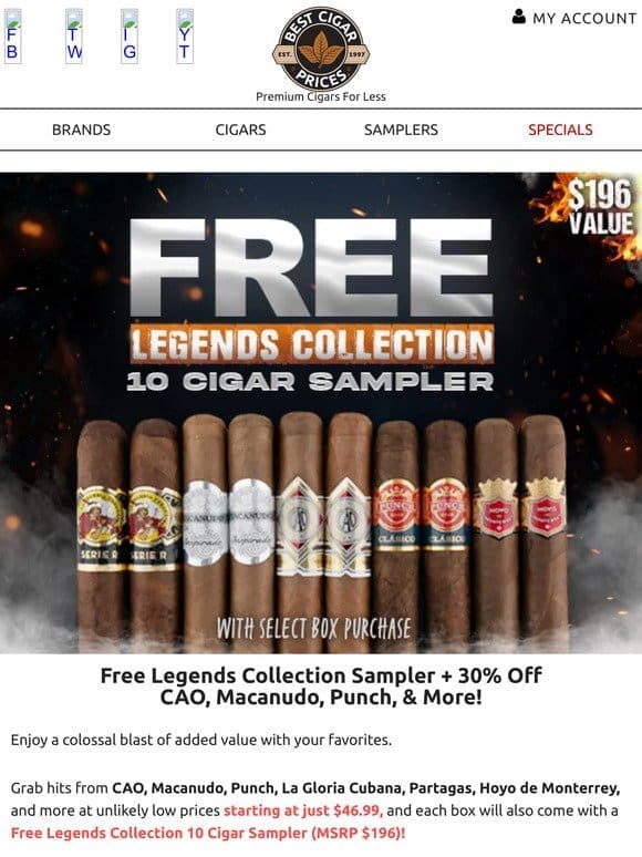 Free Legends Collection Sampler + 30% Off CAO， Macanudo， Punch， & More