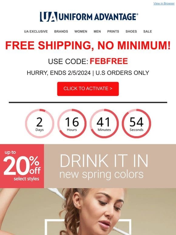 Free Shipping， No Minimum! + up to 20% off Spring colors