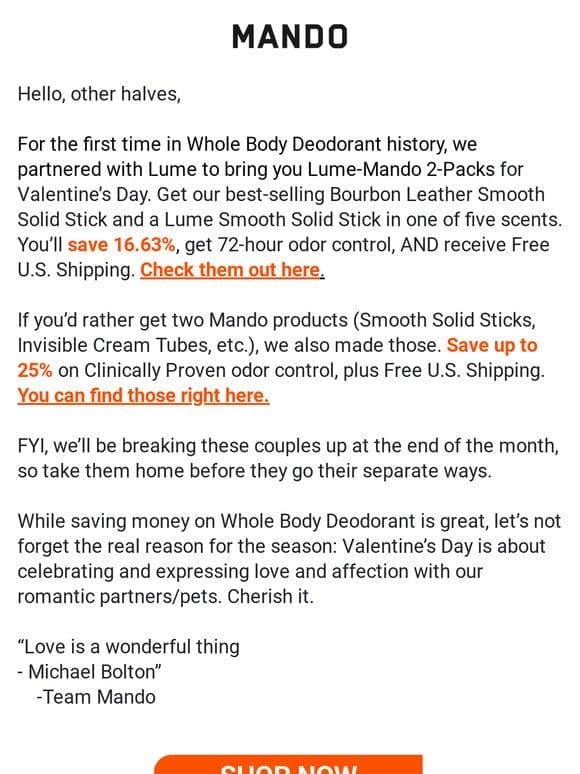 Just dropped: Mando Valentine’s Day deals!
