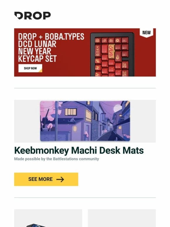 Keebmonkey Machi Desk Mats， DOIO Megalodon 12% Portable Macropad， Drop + Boba.Types DCD Lunar New Year Keycap Set and more…