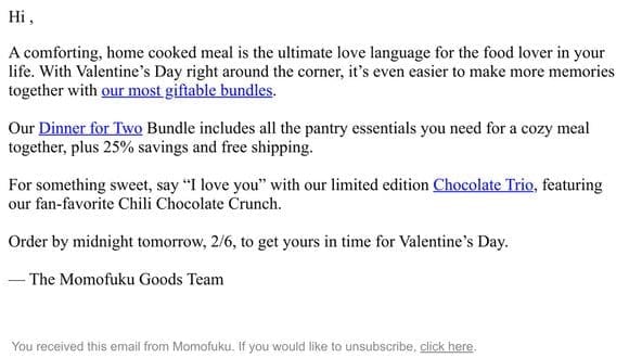 LAST CHANCE! Order by 2/6 to get Momofuku by Valentine’s Day