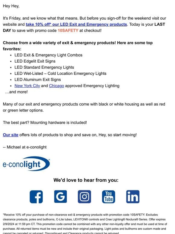 LAST DAY to Save 10%* on LED Exit & Emergency