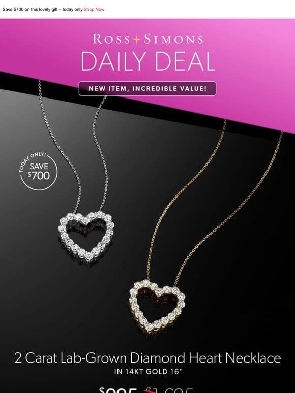 MAJOR savings alert! $995 for our NEW 2 carat lab-grown diamond heart necklace in 14kt gold