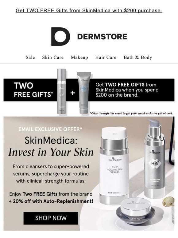 NOW: Two FREE Gifts from SkinMedica + 20% off with Auto-Replenishment