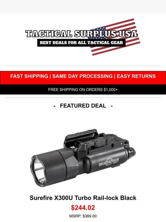 ONLY $244.02   Surefire X300T-A Turbo Weapon Light 650 Lumens 66，000 Candela