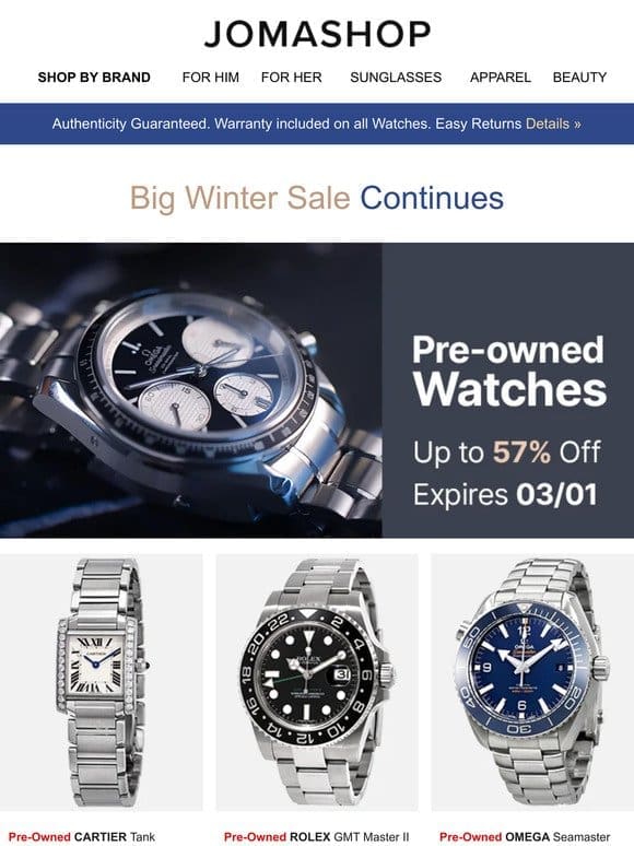 PRE-OWNED WATCHES • WINTER FRAGRANCES • MOVADO • REVUE THOMMEN • HUGO BOSS • & MORE