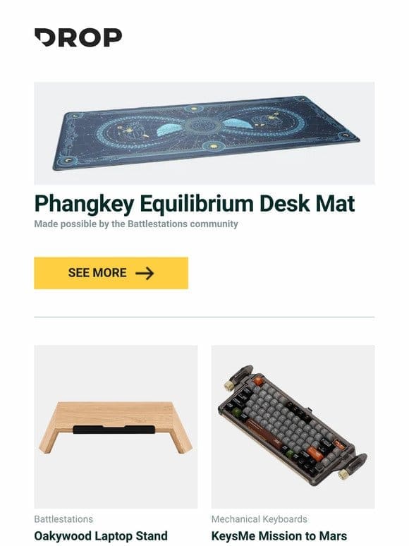 Phangkey Equilibrium Desk Mat， Oakywood Laptop Stand， KeysMe Mission to Mars Dye-Subbed PBT Keycap Set and more…