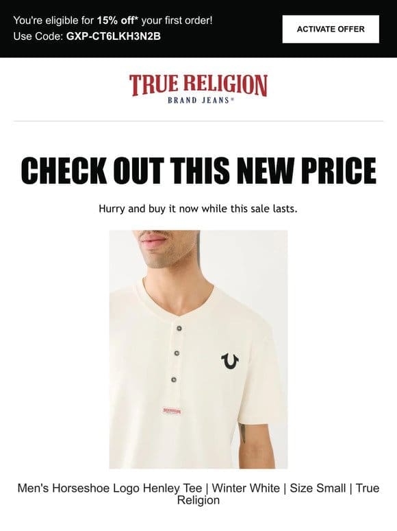 Price drop! The Men’s Horseshoe Logo Henley Tee | Winter White | Size Small | True Religion is now on sale…