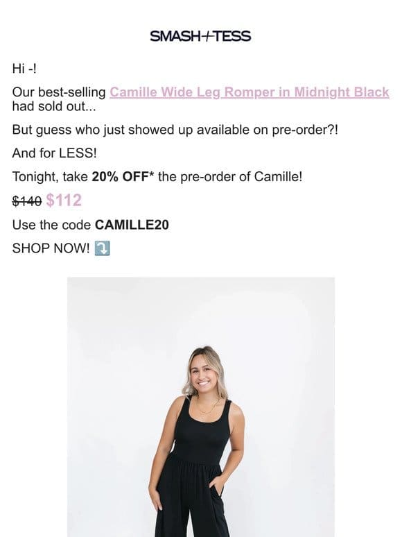 RIGHT NOW: 20% OFF the Camille Wide Leg Romper