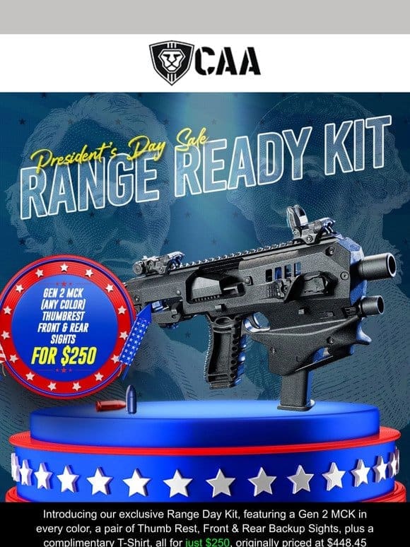 Range Kit: MCK + Thumb Rest + Sights + T-Shirt for $250