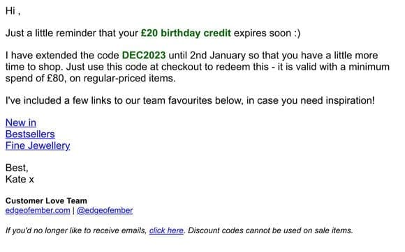 Re. Your £20 birthday gift card