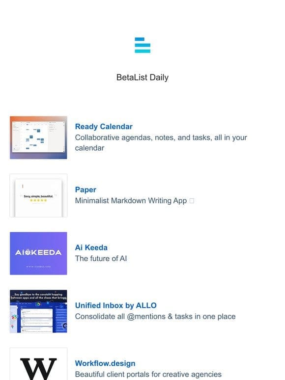 Ready Calendar， Paper， Ai Keeda， Unified Inbox by ALLO， and Workflow.design
