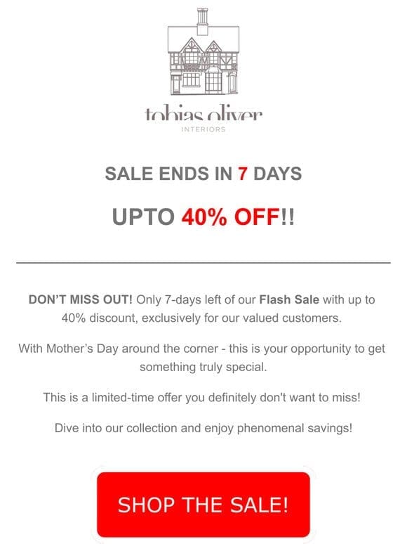 SALE ENDING – LAST CHANCE FOR UPTO 40% OFF